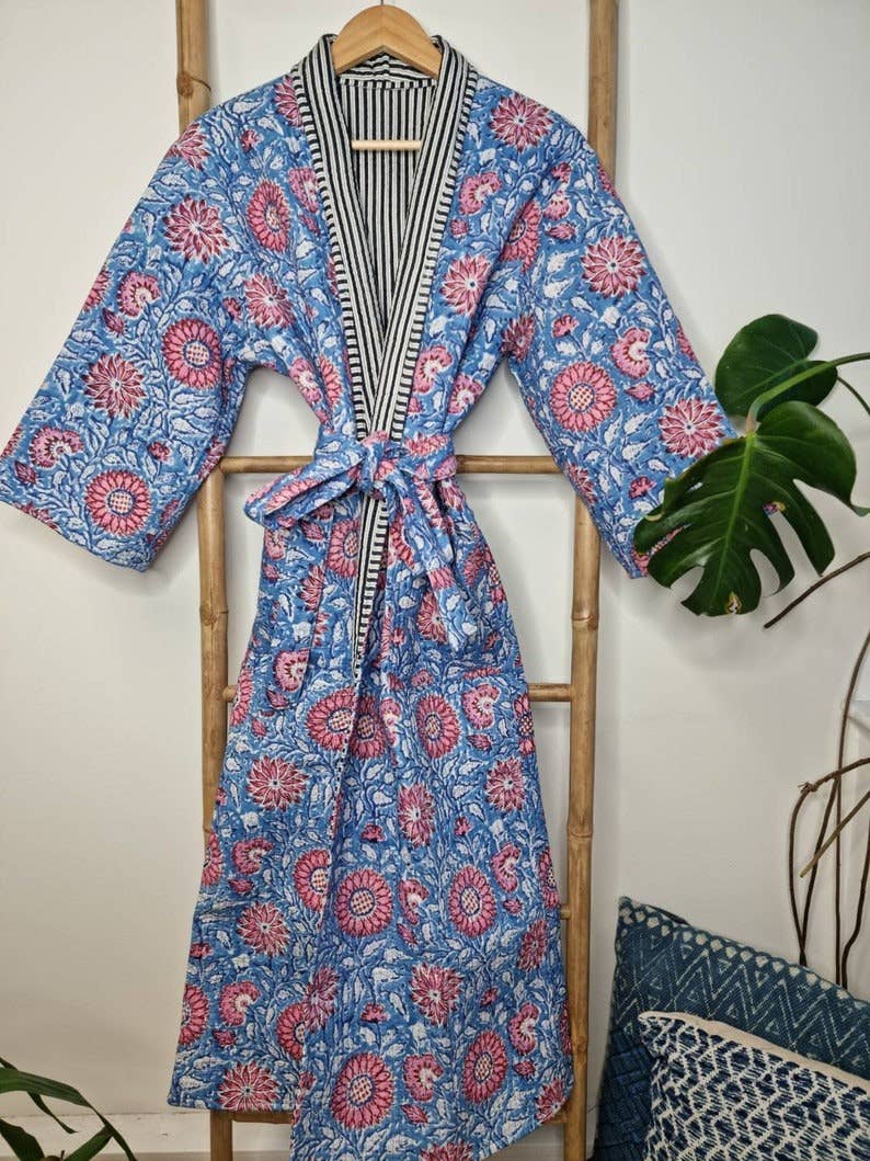 Essential Designs London - Wholesale Robe - Women's - Quilted Unisex Pure Cotton Reversible Long Length Autumn Winter Dressing Boho Kimono Robe HandBlockprint Floral Blossom Green Blue Stripe3