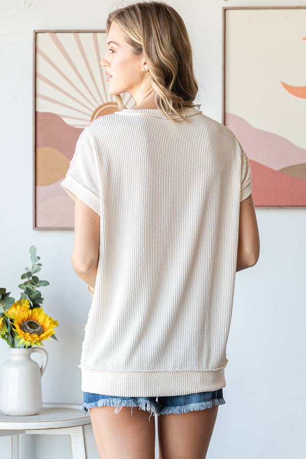 7th Ray - Wholesale Gebreide top - Dames - Kleurblok Gestructureerd Patchwork Korte Mouw Top T59441