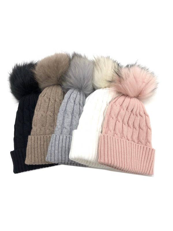 Cable Knit Fur Pom Hat - 5 Colors for wholesale by Le Glitz Collection