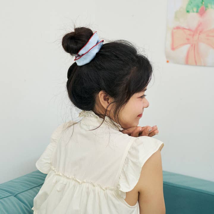 "Maxi Flower" Double-Layer Oversized Silk Scrunchie - Pastel Blue for wholesale on Faire