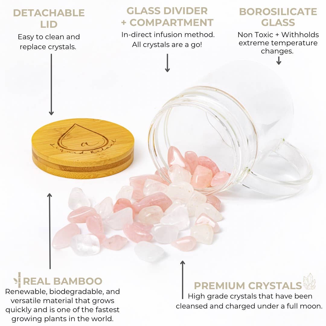 A Liquid Ritual - Wholesale Meditation Supplies - Crystal Infused Mug with Rose Quartz & Clear Quartz Crystals2