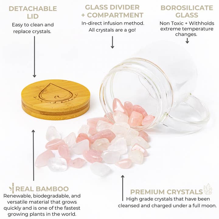 A Liquid Ritual - Wholesale Meditation Supplies - Crystal Infused Mug with Rose Quartz & Clear Quartz Crystals2