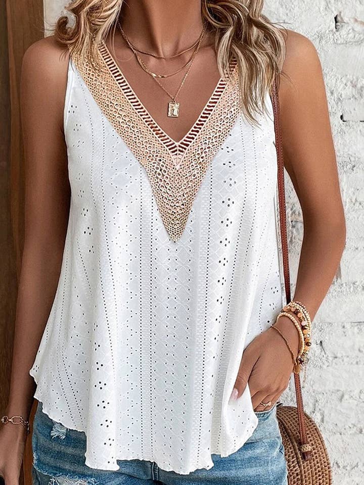 Lovesoft - Wholesale Tank Top - Women's - Multicolor Lace Crochet Splicing V Neck Loose Fit Tank Top
