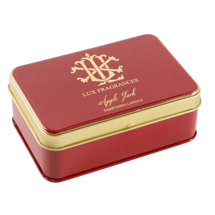 APPLE JACK 5.5 OZ RECTANGLE CANDLE TIN MIN 6 for wholesale by LUX FRAGRANCES