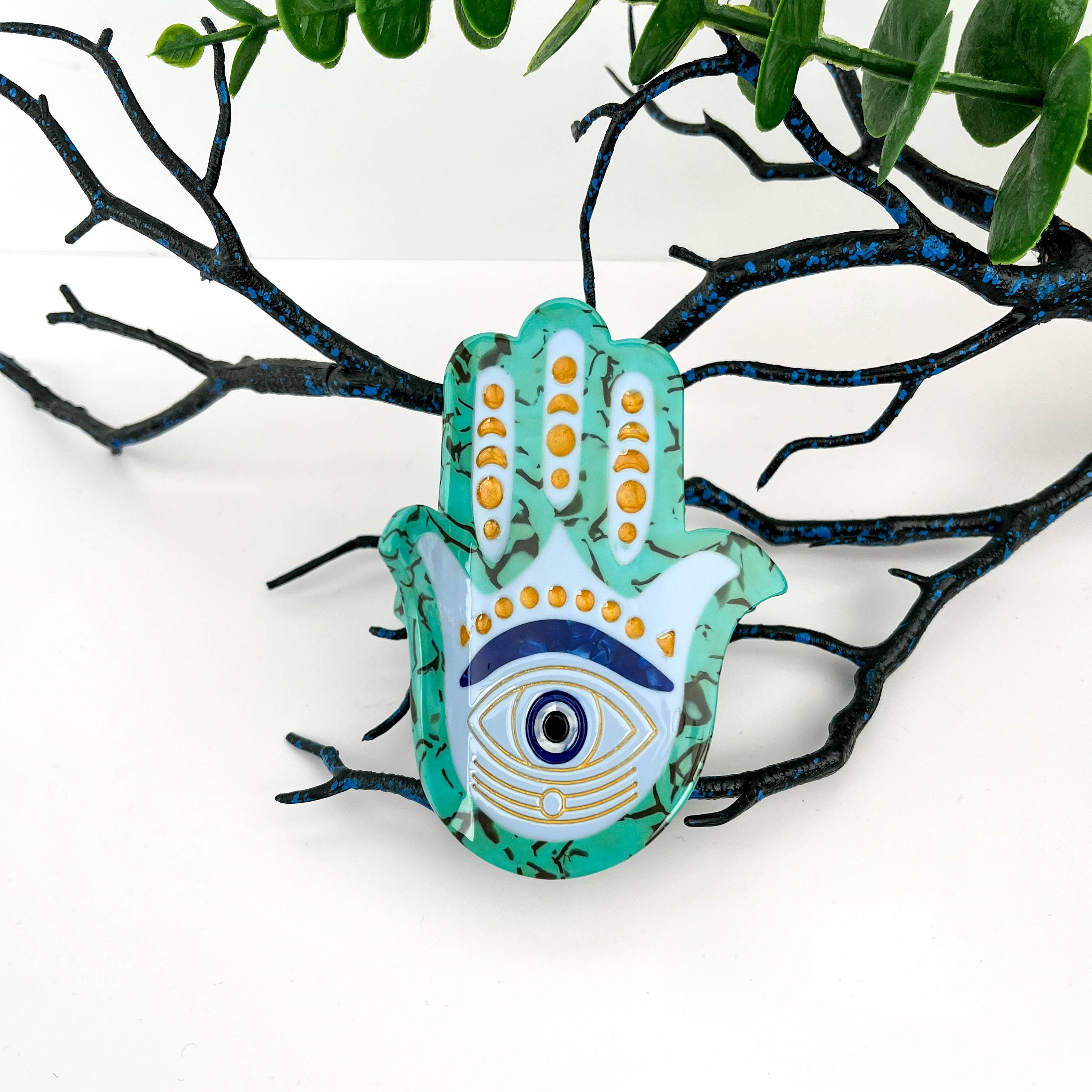 Green Neoclassical Buddha Hand Acetate Hair Claw Clip for wholesale on Faire0