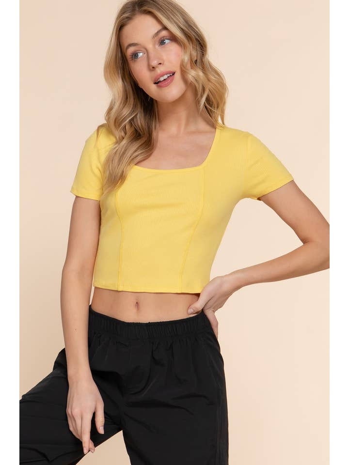 Active Basic | Active USA - Wholesale Knit Top - Women's - Short Sleeve Square Neck Corset Detail Rayon Rib Knit Top