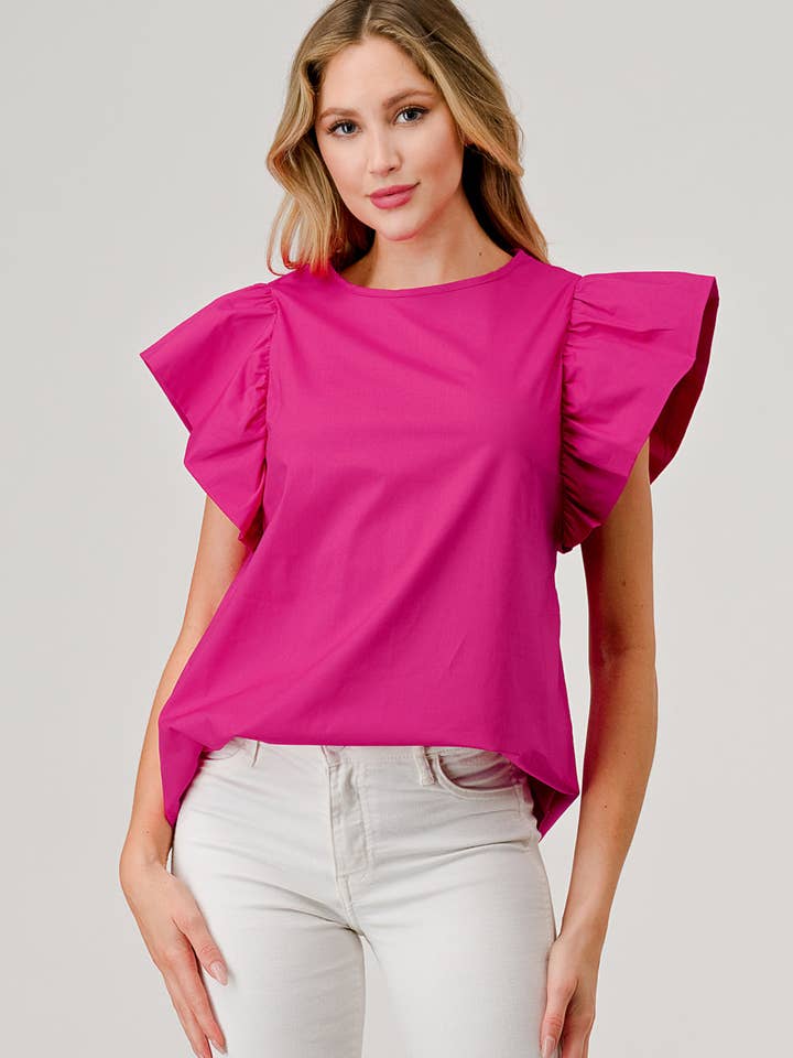 Pixi + Ivy - Wholesale Blouse - Women's - Poplin Exaggerated Ruffle Sleeve Hot Pink