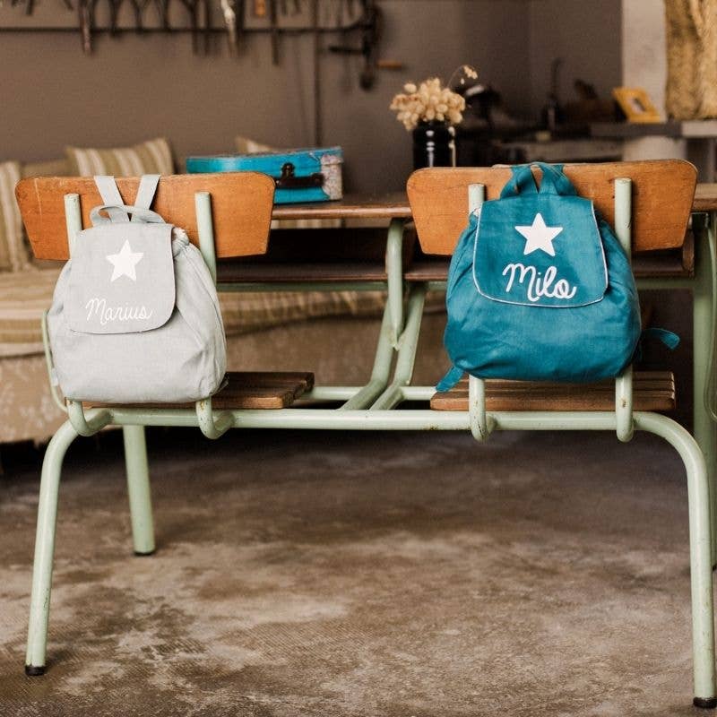 oh la la paris - Wholesale Backpack - Kids - “Little Dreamer” peacock blue linen backpack with heart symbol2