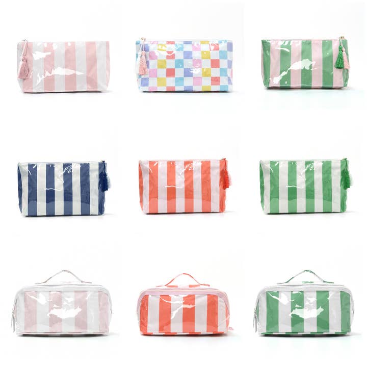 Trousse cosmétique transparente rayée en PVC, étanche, organisateur de maquillage et de toilette de voyage pour la vente par Auraquise