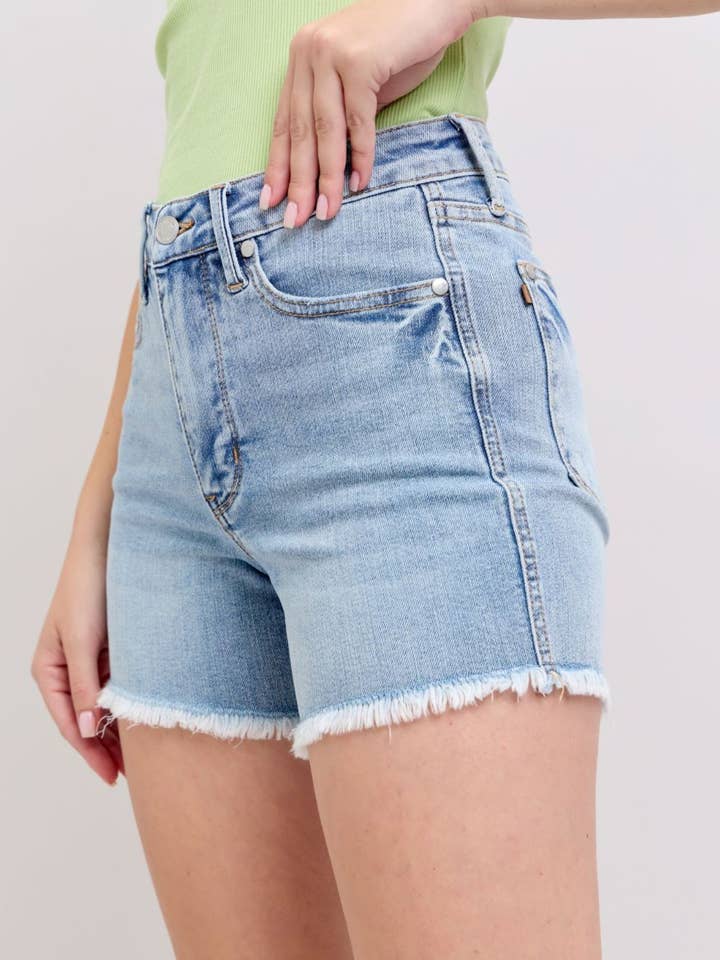 Light Judy Blue Full Size Tummy Control Raw Hem Denim Shorts Plus Size for wholesale on Faire