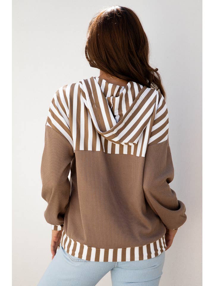 Straw Yellow Stripe Patchwork Waffle Knit Buttoned Hoodie for wholesale on Faire2