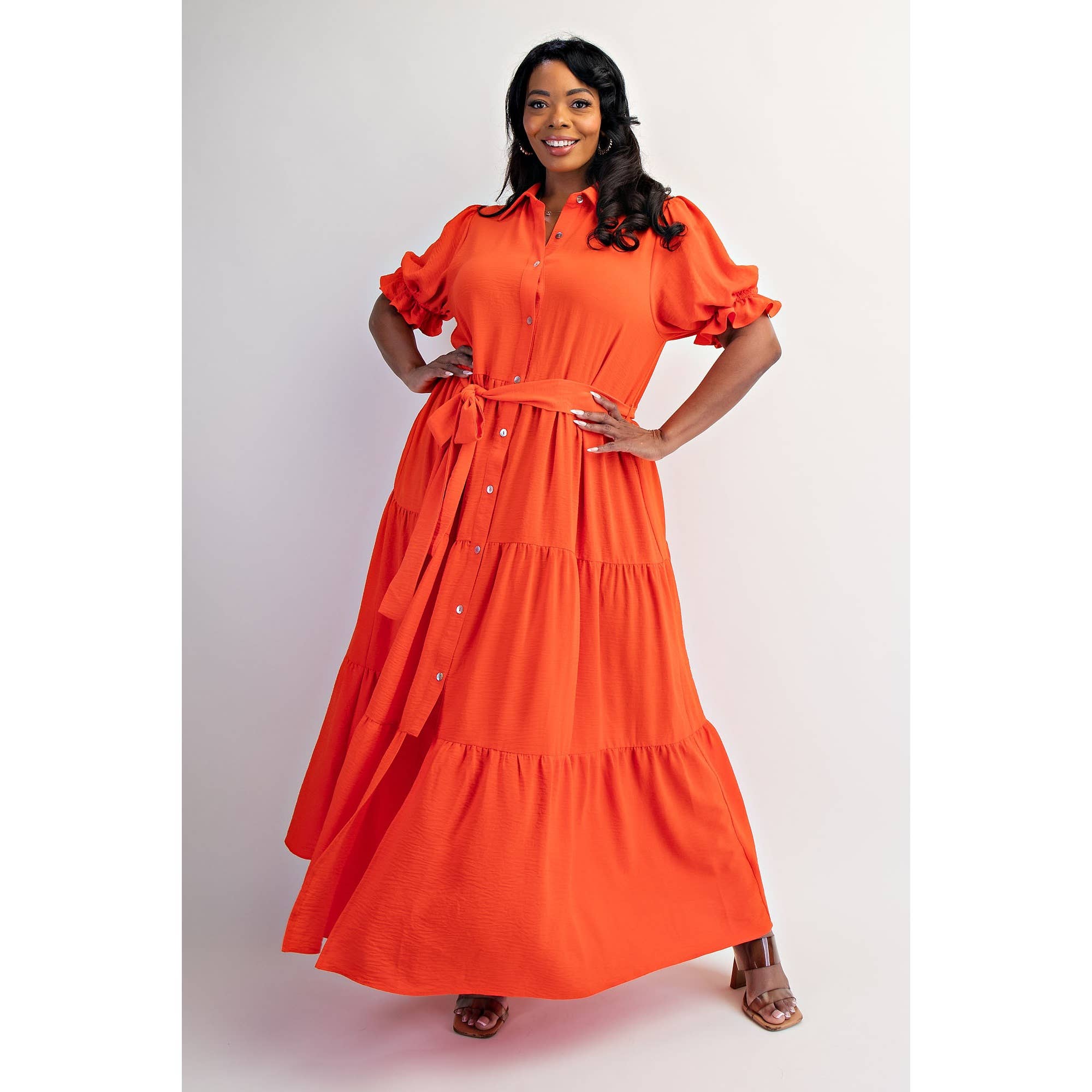 ORANGE CORAL PLUS SIZE BUTTON FRONT MAXI DRESS WITH TIERD HEM for wholesale on Faire0