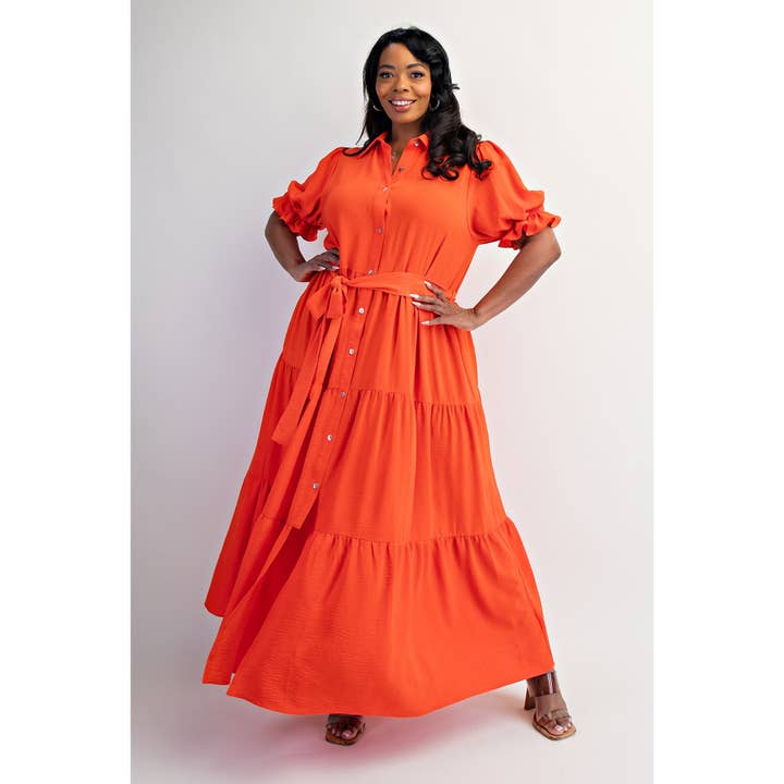 ORANGE CORAL PLUS SIZE BUTTON FRONT MAXI DRESS WITH TIERD HEM for wholesale on Faire