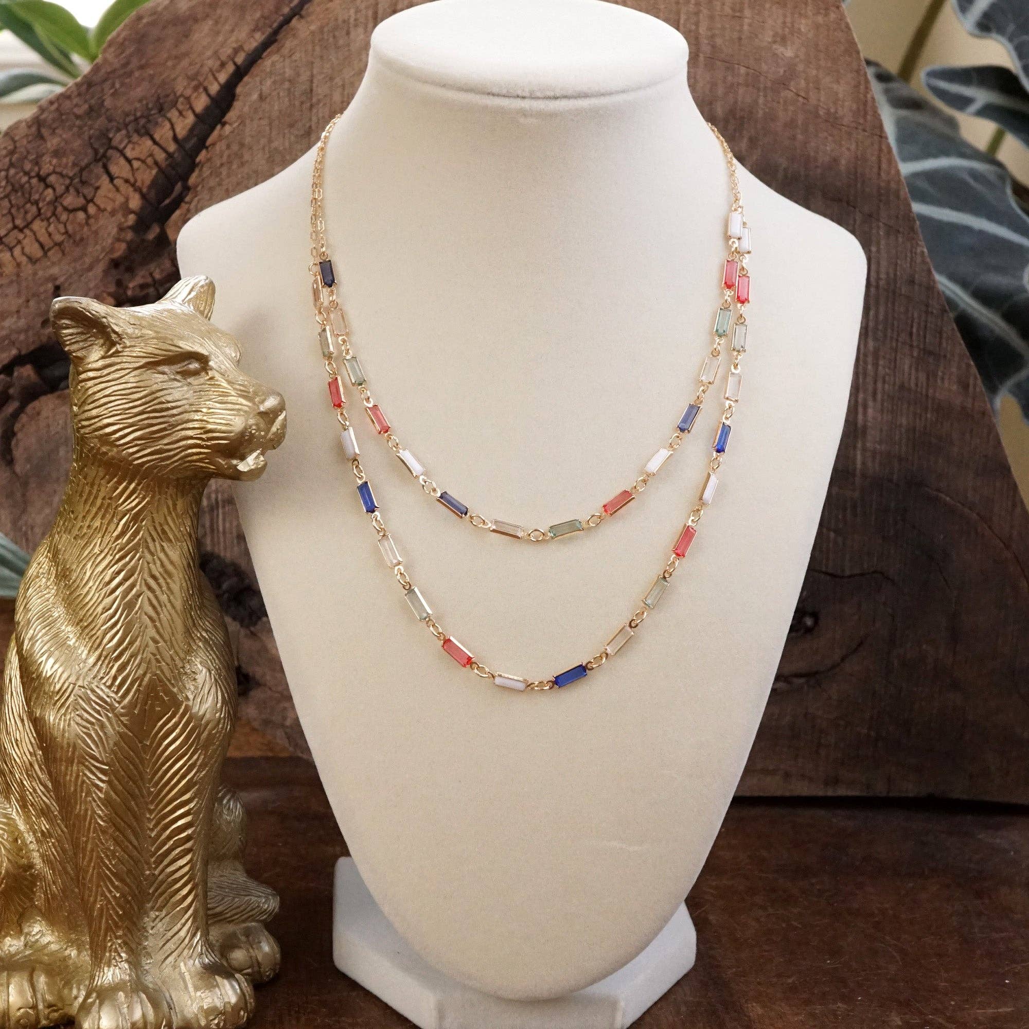 PennyLine inc - Wholesale Link & Chain Necklace - Twice the Sparkle – Double Layer Baguette Crystal Necklace in Gold Tone8