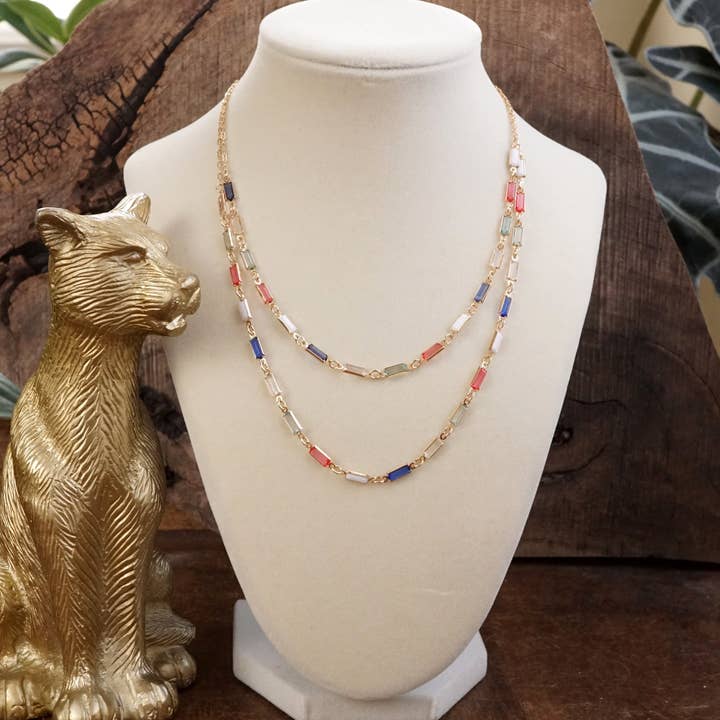 PennyLine inc - Wholesale Link & Chain Necklace - Twice the Sparkle – Double Layer Baguette Crystal Necklace in Gold Tone8