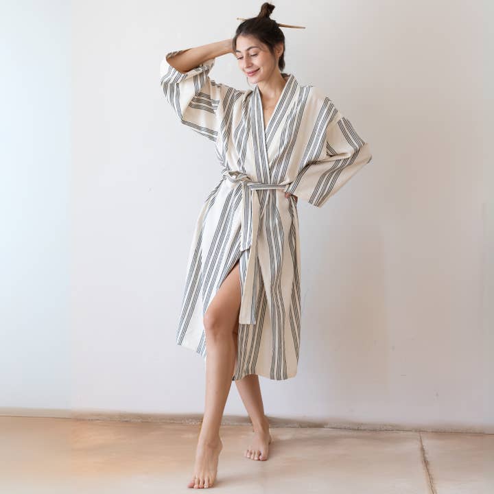Vivamaison - Vendita all'ingrosso Vestaglia - Unisex - Kimono a Righe in Cotone Premium, Comfort Leggero3