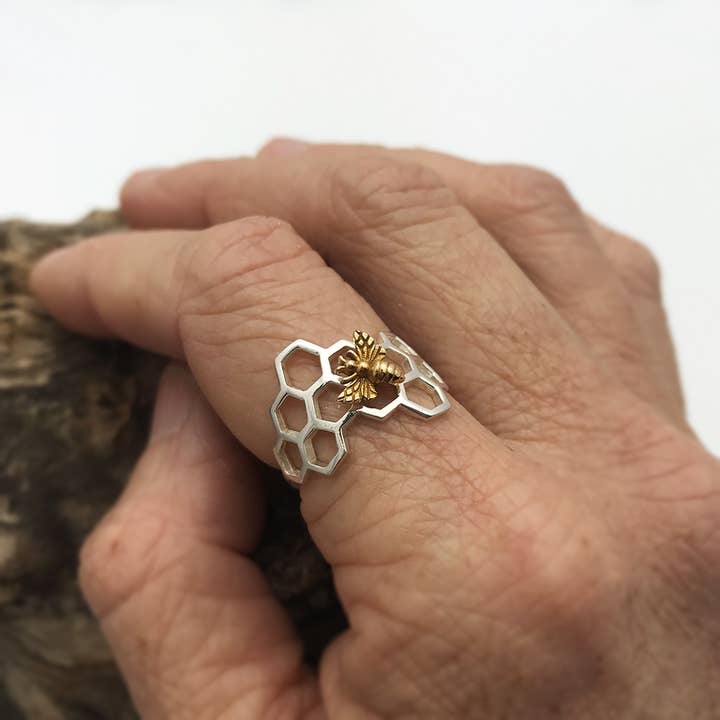 Nina Designs - Wholesale Band/Stacked Ring - Sterling Silver Honeycomb Ring with Bronze Bee