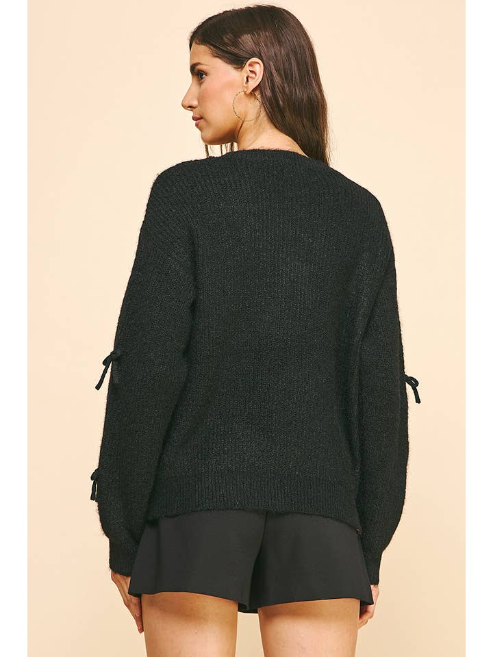 PINCH - Wholesale Knit Sweater - Women's - RIBBON EMBELLISHMENT SWEATER TOP - BLACK