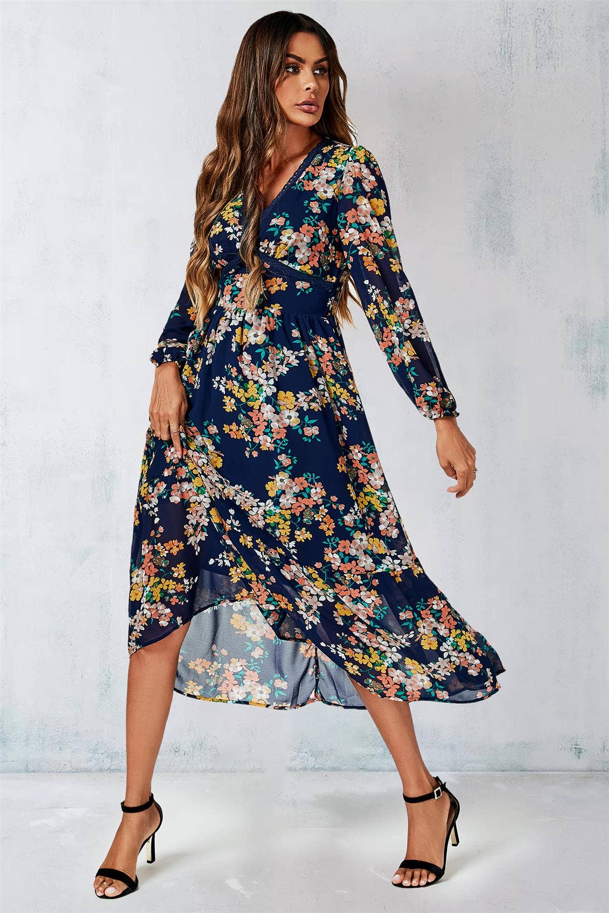 Floral Print Long Sleeve Maxi Dress In Navy for wholesale on Faire3