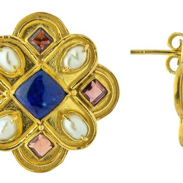 Duchess Of Burgundy Lapis, Pearl and Garnet Earrings for wholesale by BoneNE, LLC