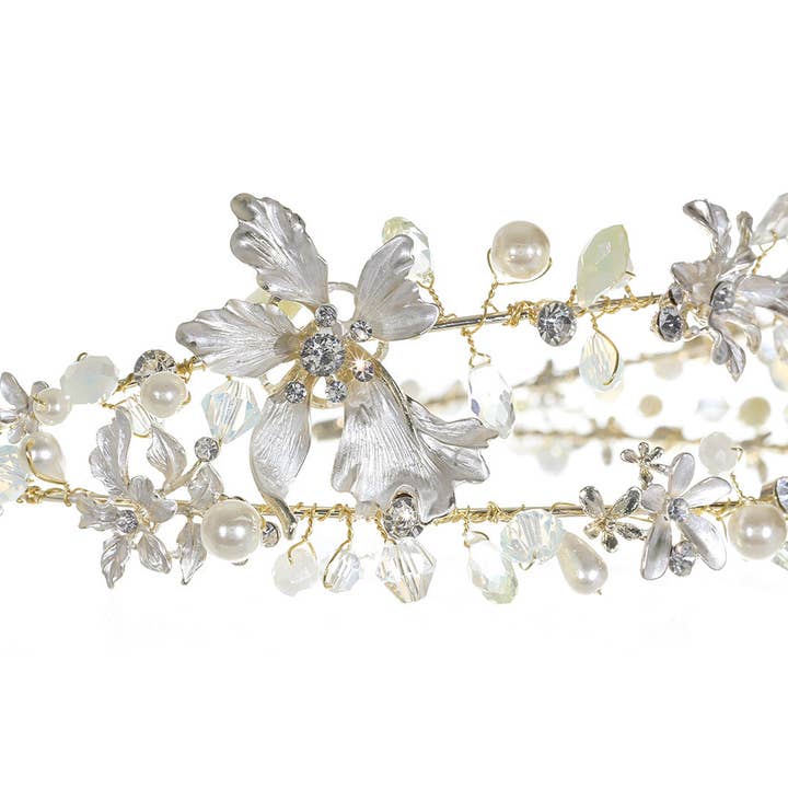 GOLD Handmade Crystal Pearl Rhinestone Floral Bridal Wedding Tiara Headband CR263 for wholesale on Faire1