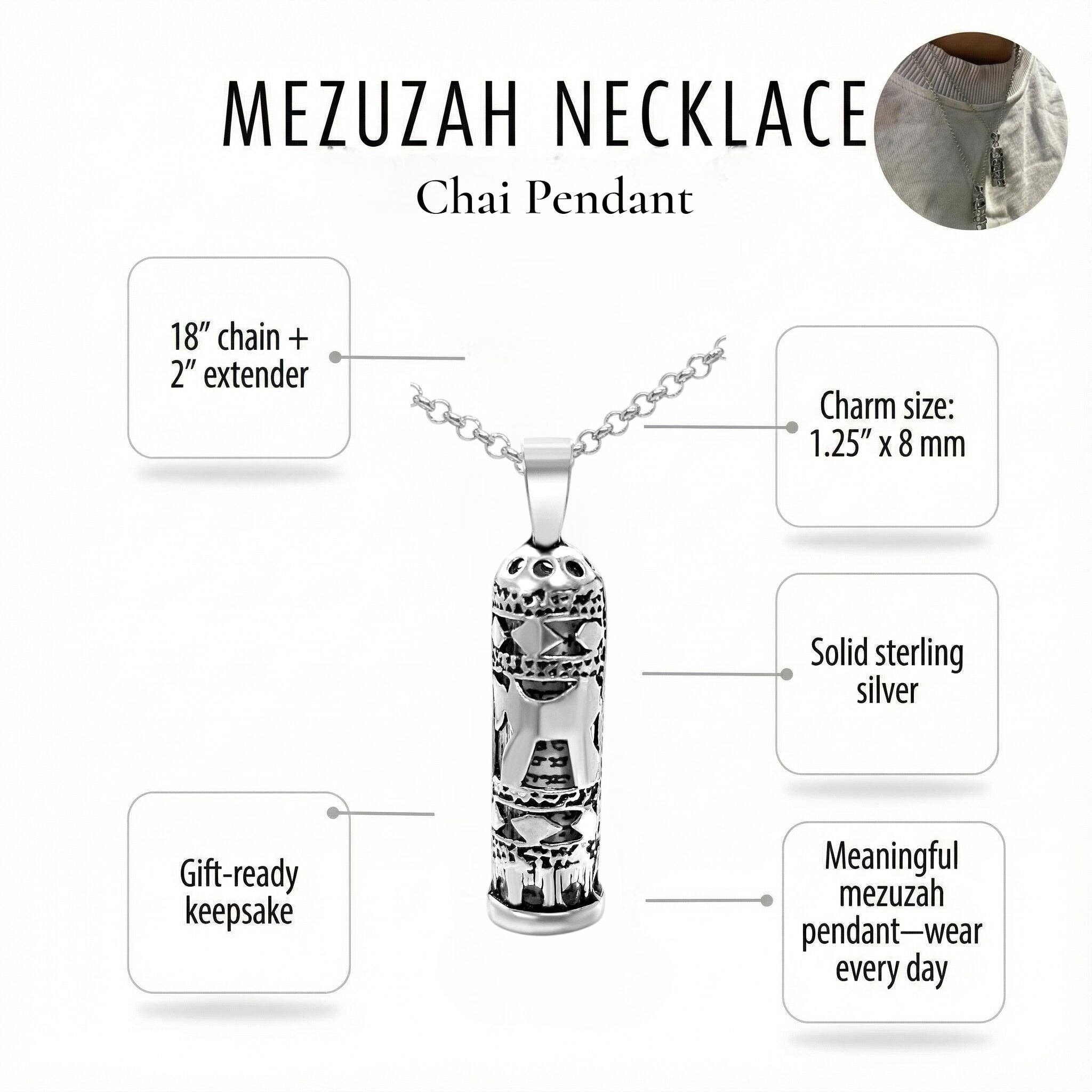 ALEF BET JEWELRY - Wholesale Pendant/Charm Necklace - Sterling Silver Mezuzah & Chai Necklace: A Token of Life & Protection3