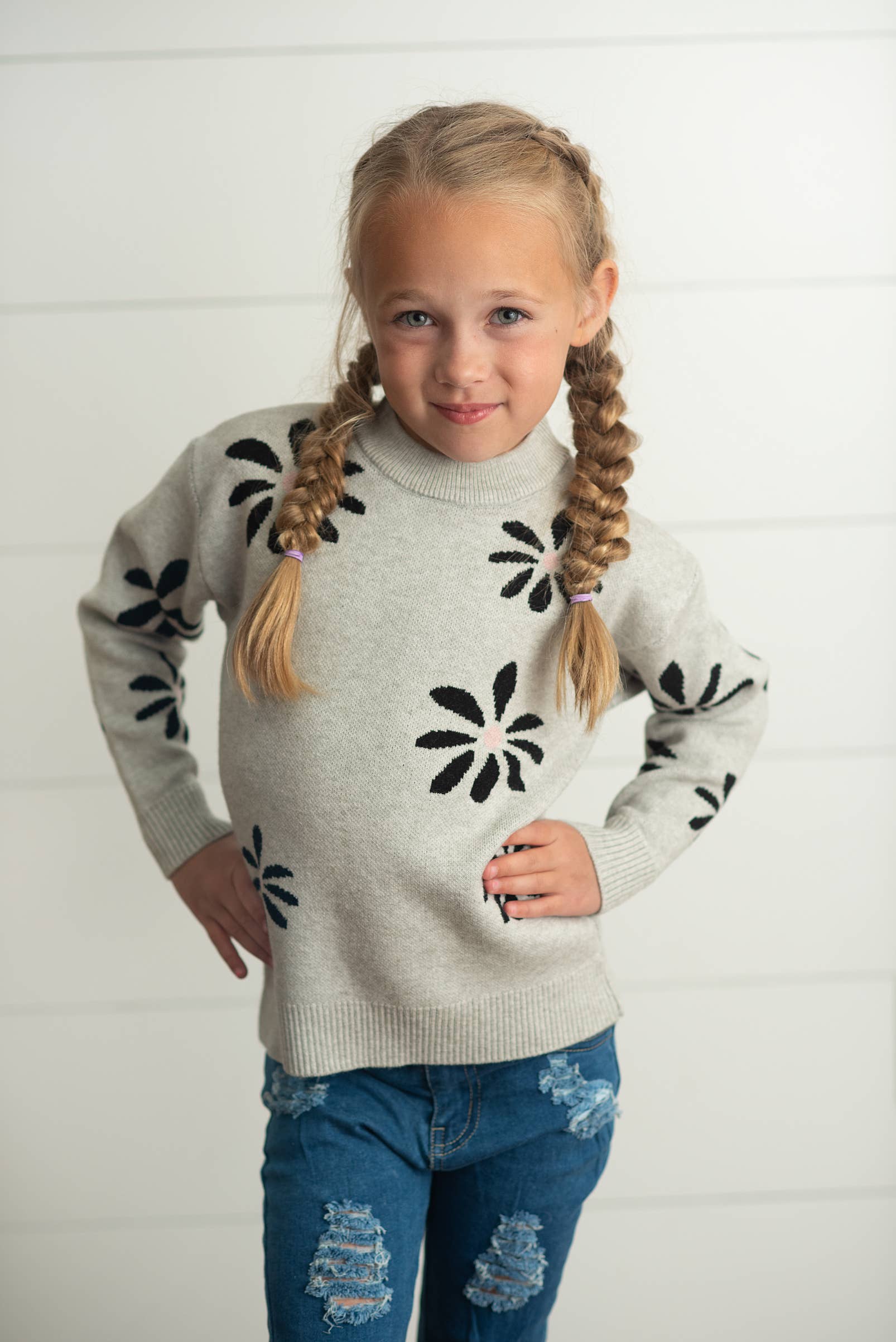 Oopsie Daisy - Vente Pull en maille – enfant - Pull automne-hiver à col rond à fleurs gris clair pour enfants
