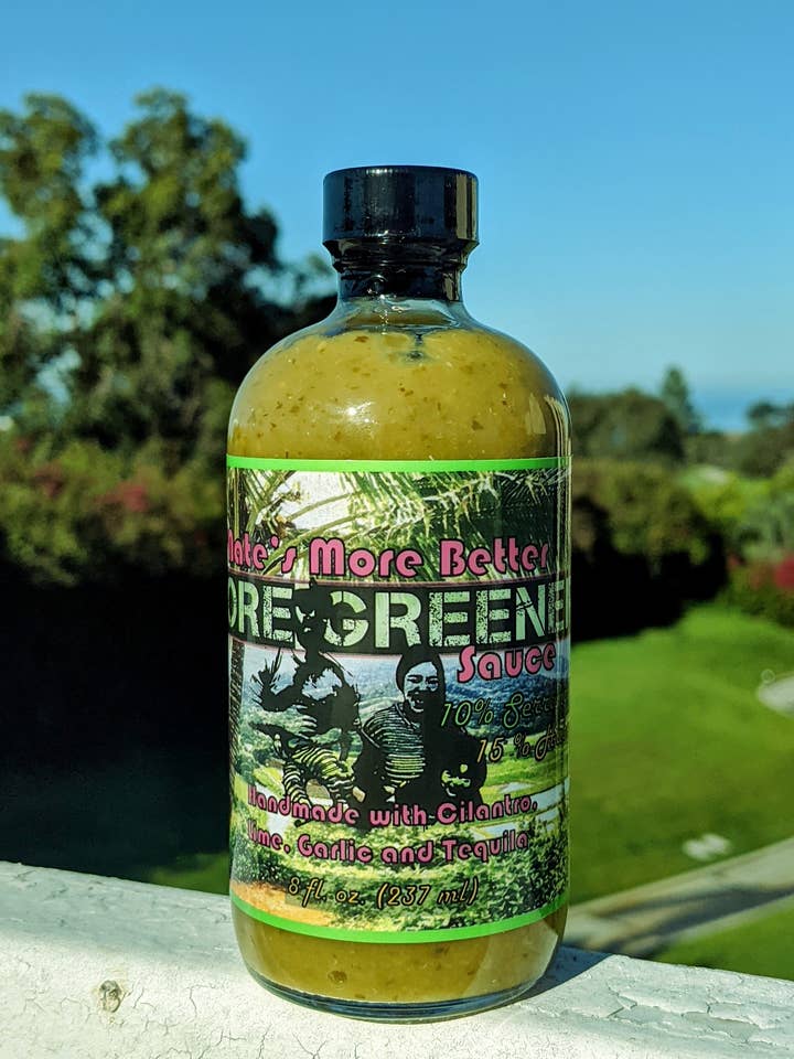 More Greener Sauce - Tequila, Lime, and 3 different peppers! for wholesale by Nate's More Better Hot Sauce