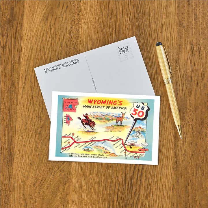 Found Image Press – Engroshandel Postkort – Postkort WY-44 Kort over Wyoming, Motorvej 301