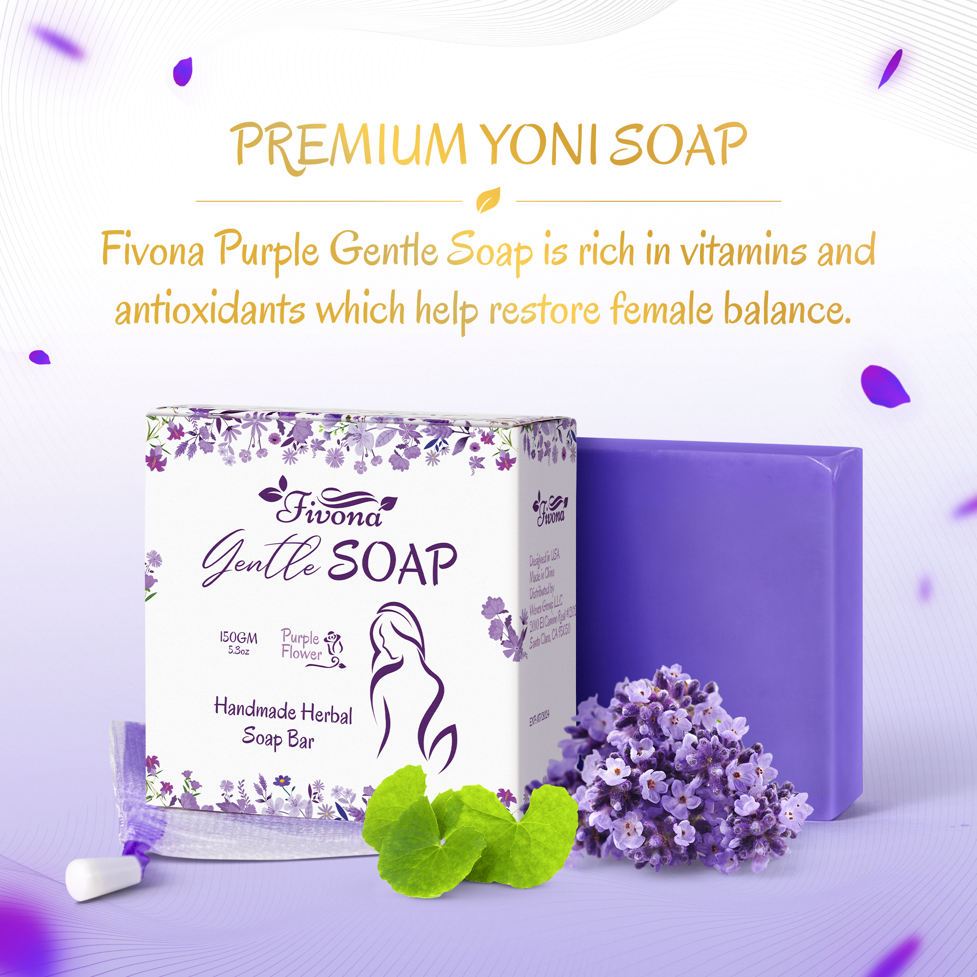 FIVONA - Wholesale Bar Soap - HERBAL FEMININE YONI SOAP WITH FOAM BAG PURPLE FLOWER 5.3OZ6