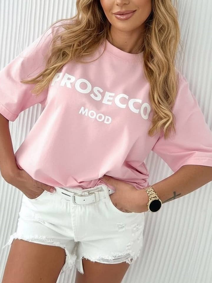 'Prosecco Mood' Graphic Printed T-Shirt Top-Dusty Pink for wholesale by Catwalk Wholesale