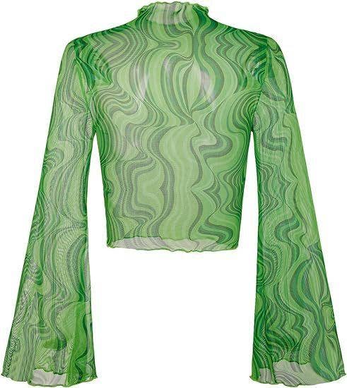 Sweetkama – wholesale Knit top – Women's – Ladies Print Flare Sleeves Mesh Crop Top SKT24177