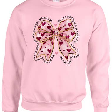 Valentine's Day You are Worthy Bow Sweatshirt - Adult for wholesale by Allison Kay Designs Co.