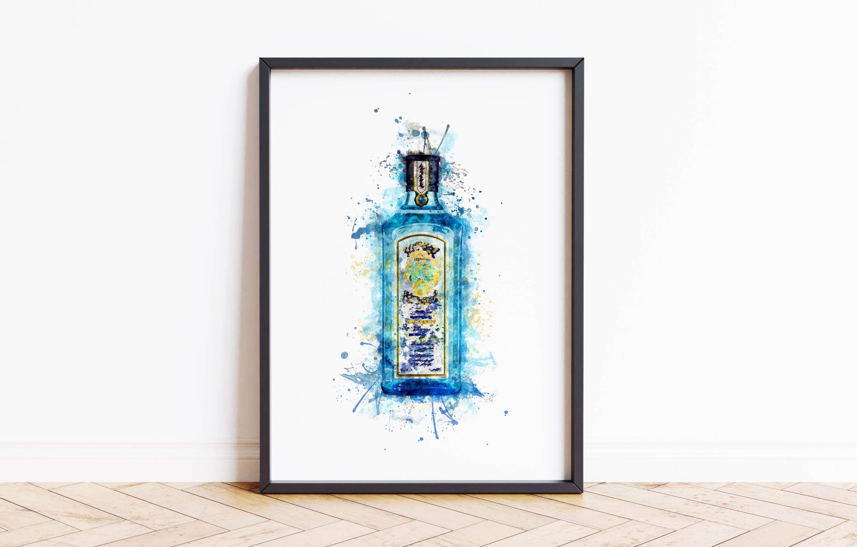 House of Binky - Wholesale Art Print - Watercolour Blue Gin Bottle Paint Splash Print