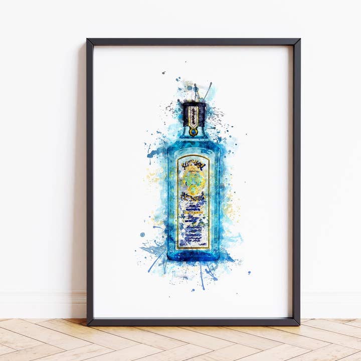 House of Binky - Wholesale Art Print - Watercolour Blue Gin Bottle Paint Splash Print0