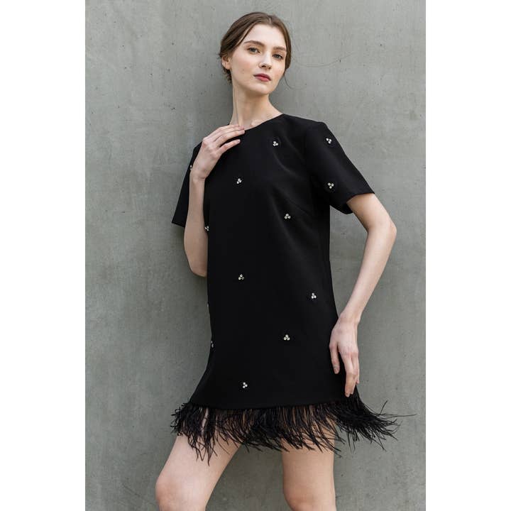 INA - Wholesale Dress - Women's - Short Sleeve Jeweled Feather Hem Mini Dress
