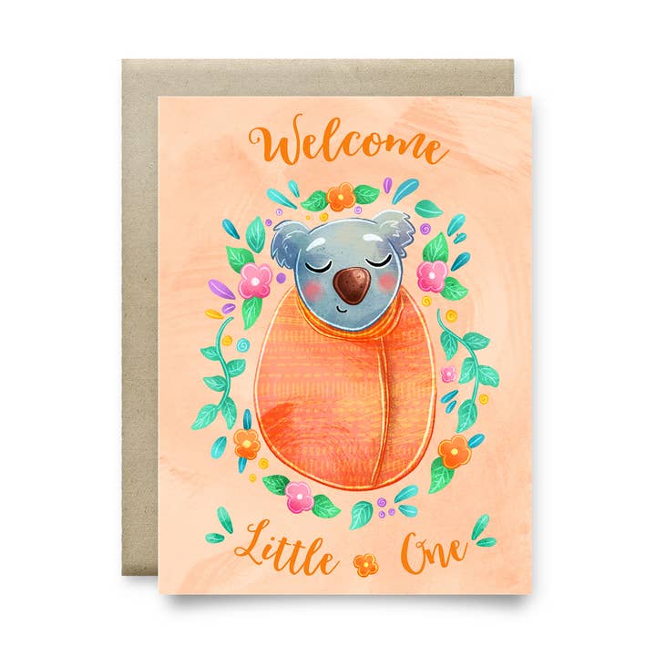 Tarjeta para bebé Welcome little one, diseño de wombat australiano para venta al por mayor de Stray Leaves