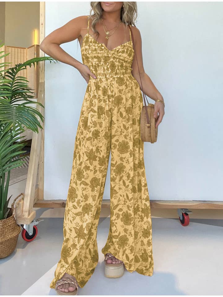 Rosa Clothing - Wholesale Jumpsuit - Women's - Fashionable Floral Print Suspender Wide-Leg Jumpsuit