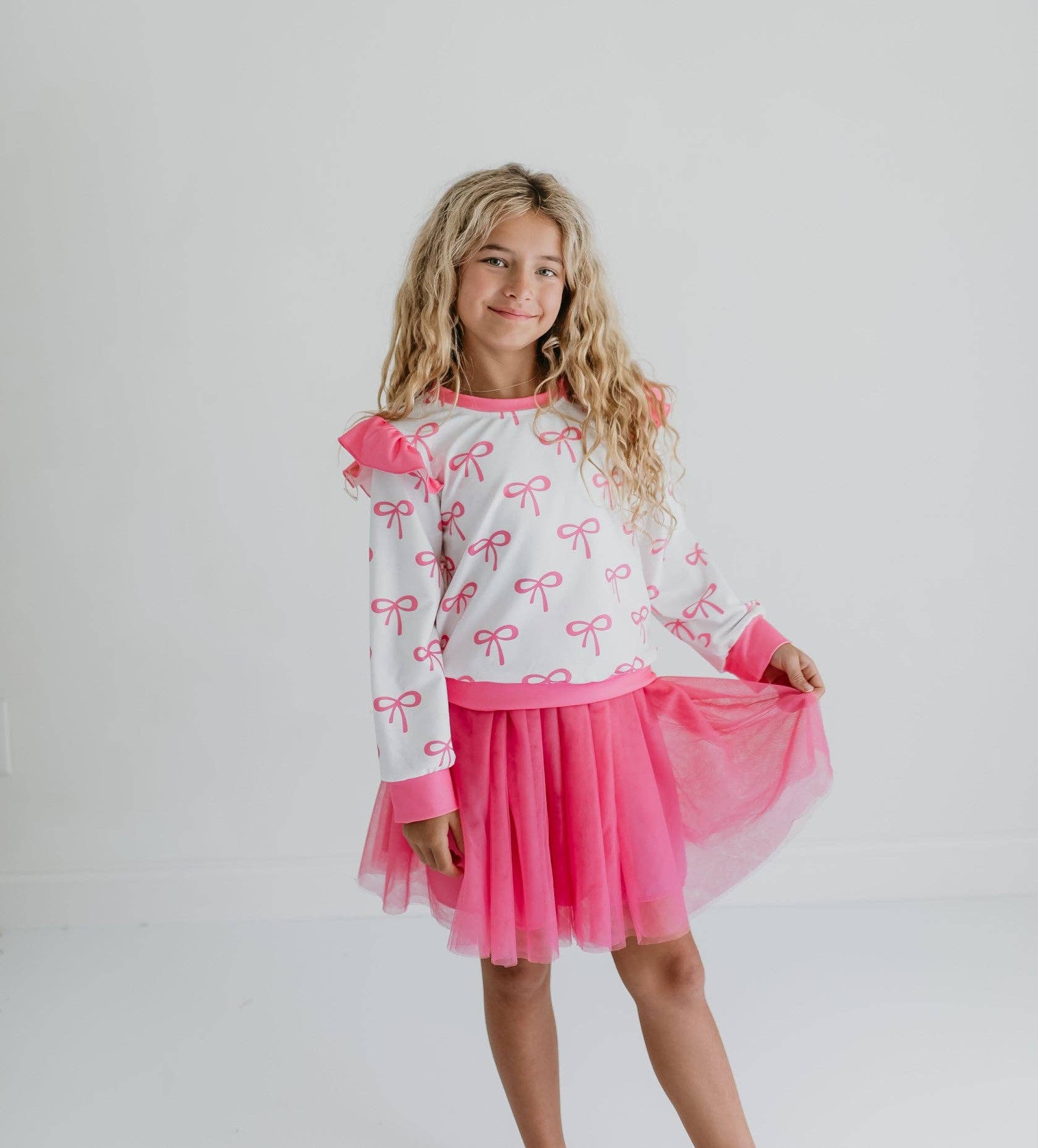 Adorable Sweetness - Wholesale Top & Skirt Set - Kids - Girls White & Hot Pink Coquette Bow and Tulle Skirt Set1