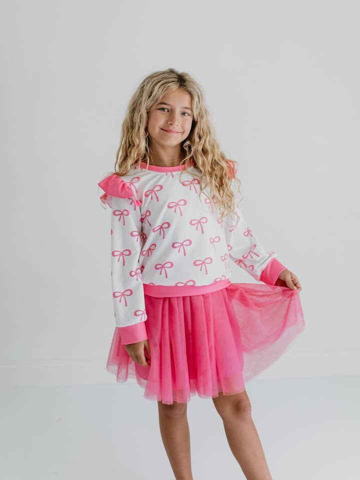 Adorable Sweetness - Wholesale Top & Skirt Set - Kids - Girls White & Hot Pink Coquette Bow and Tulle Skirt Set1