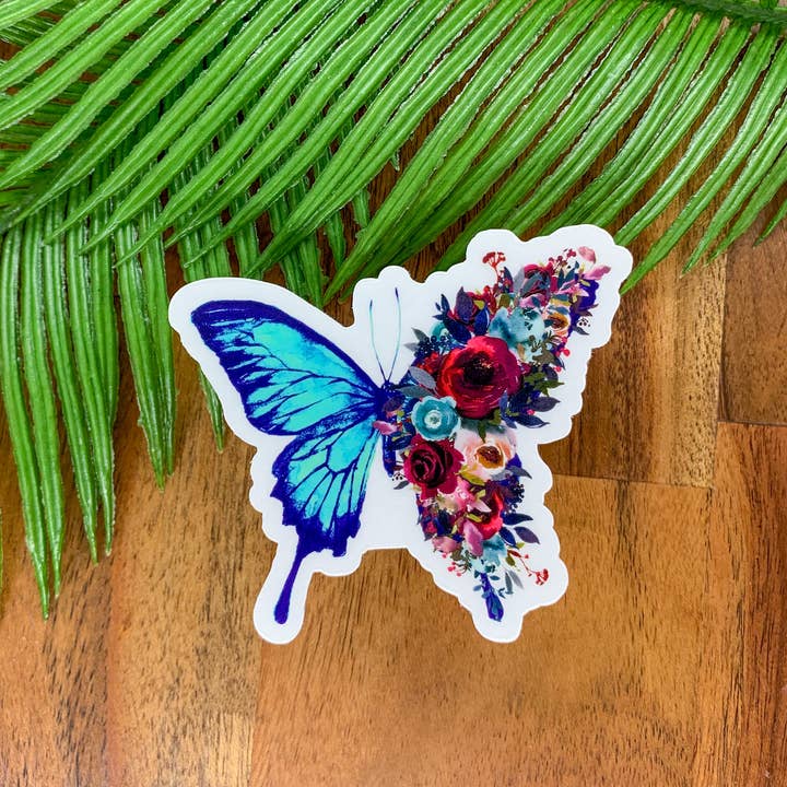 Savannah and James Co - Wholesale Sticker - Bright Blue Floral Butterfly, Clear, Sticker, 3x3 inch1