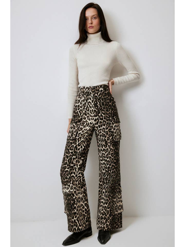 Estampado Pantalones cargo acampanados de algodón con estampado de leopardo de venta al por mayor en Faire2
