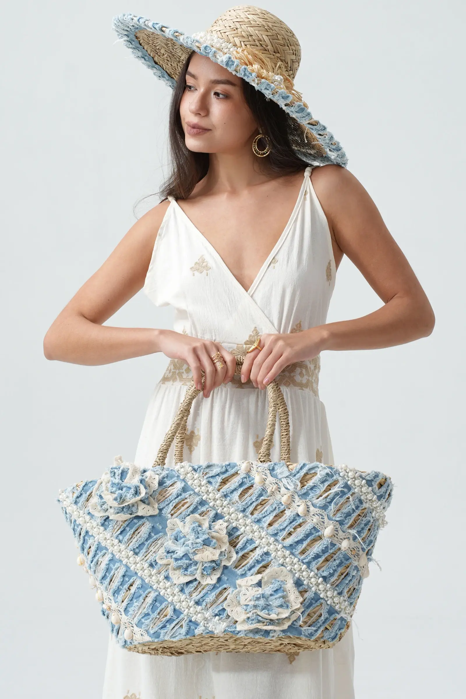 Blue Straw Basket Adorned With Jeans And Beads BA15339 for wholesale on Faire1