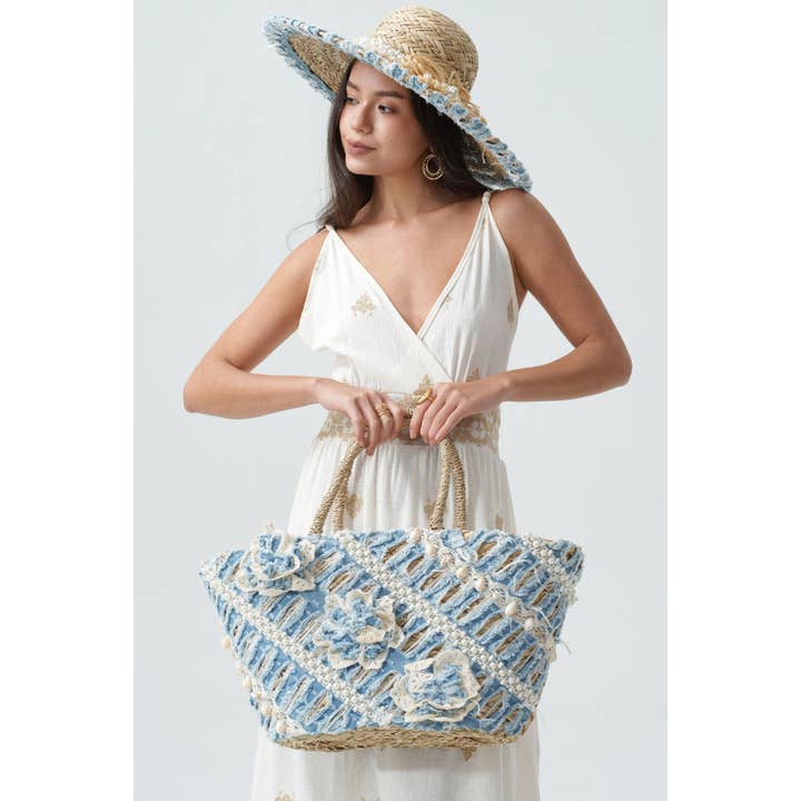 Blue Straw Basket Adorned With Jeans And Beads BA15339 for wholesale on Faire1