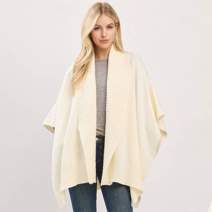 Ribbed Trim Open Front Soft Knit Shawl Cape Poncho for wholesale by Sensibling Corp.