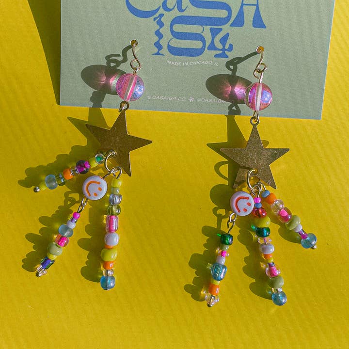 Estrella - Eclectic Brass and Bead Dangle Earrings for wholesale by Casa 184