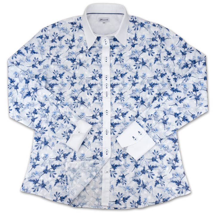 Salamander Shirts Ltd - Wholesale Button Down Shirt - Women's - Grenouille Long Sleeve Blue Floral Embroidered Darted Shirt