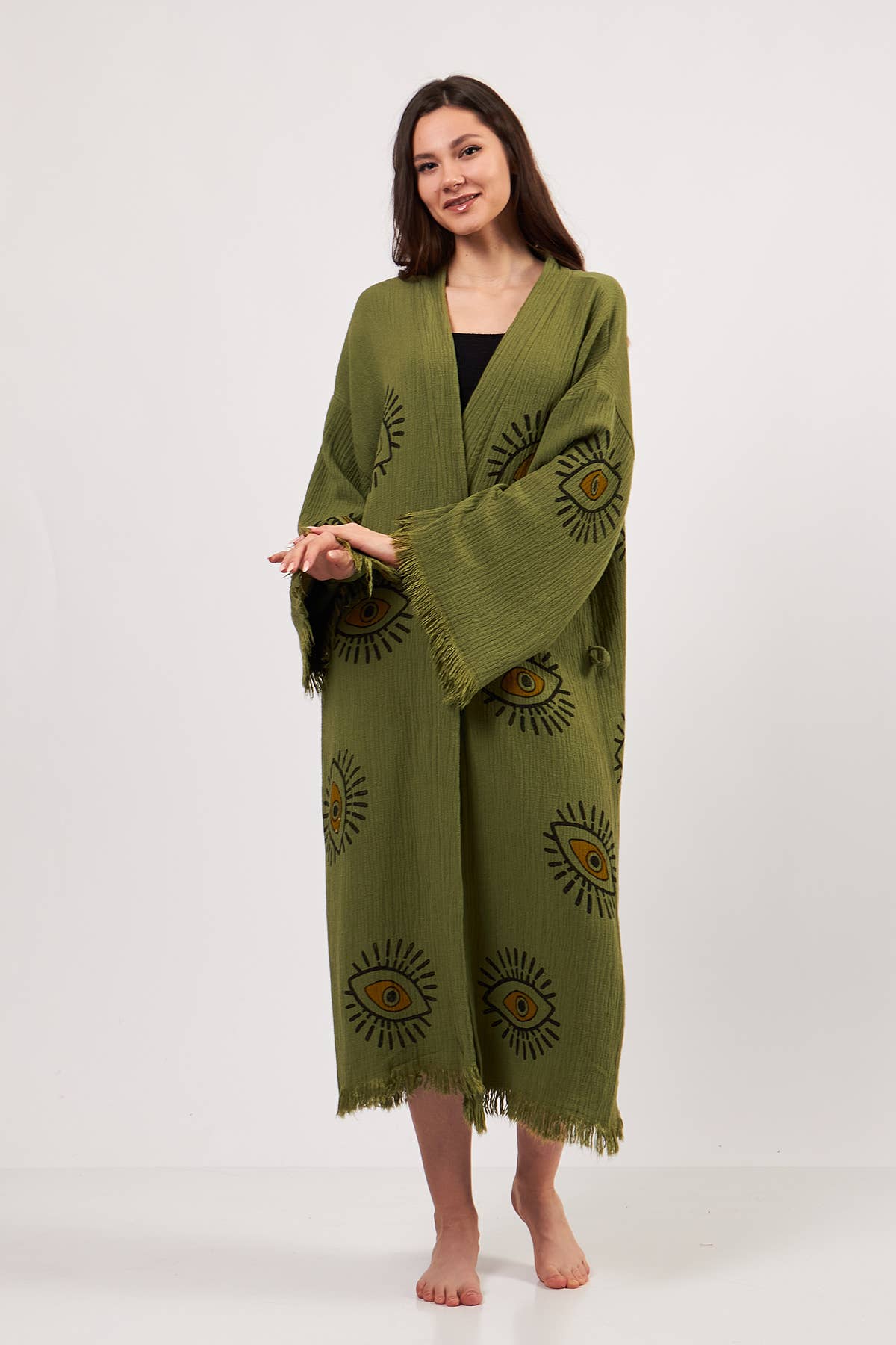 Yaz Concepts - Wholesale Kimono - Women's - Turkish Evil Eye Print Olive Green Robe Festival Kimono 6