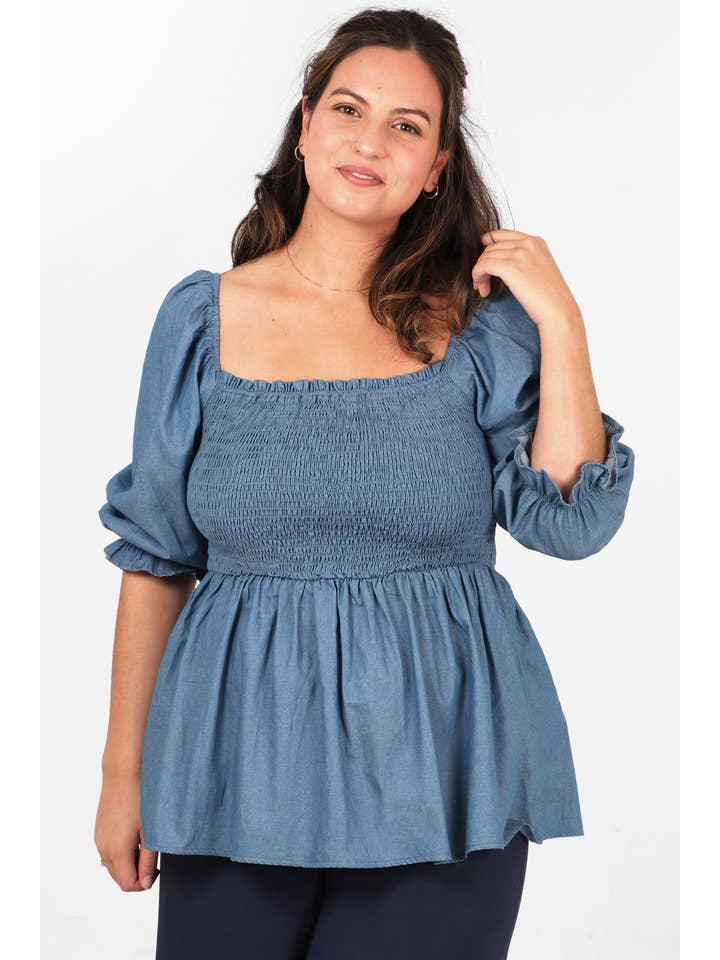 Sarta – wholesale Blouse – Women’s – Denim Look Milkmaid Top with Puff Sleeves in Blue5