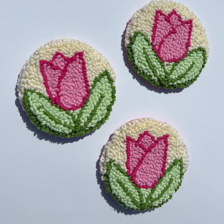 Honey Punches – Engroshandel Kopunderlag til bil – til kvinder – Håndlavet punch needle lyserød tulipan bil coaster, tilbehør2